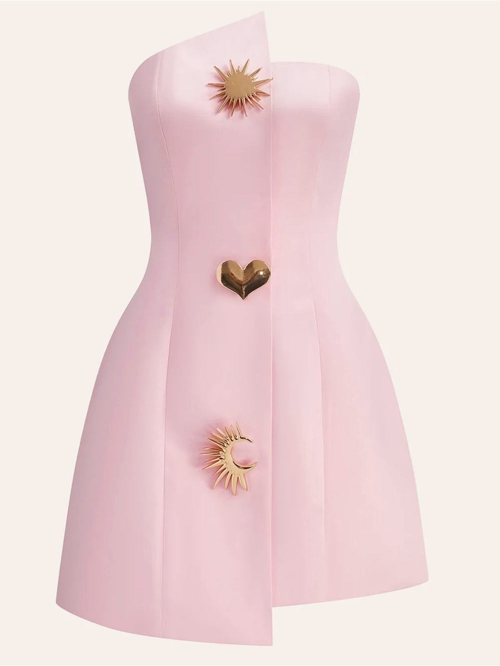Commense Strapless Pink Mini Dress with Gold Sun, Heart & Moon Accents